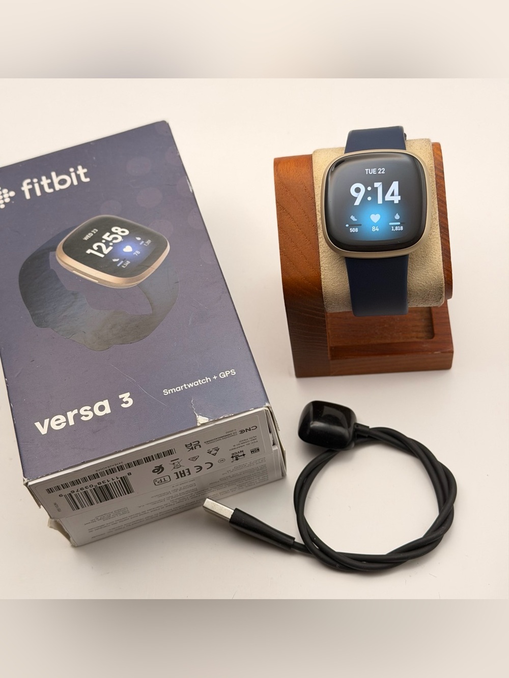 Fitbit Versa 3, Full Set, Tested, Charger, Manuals, Blue/Gold, New W/O Box